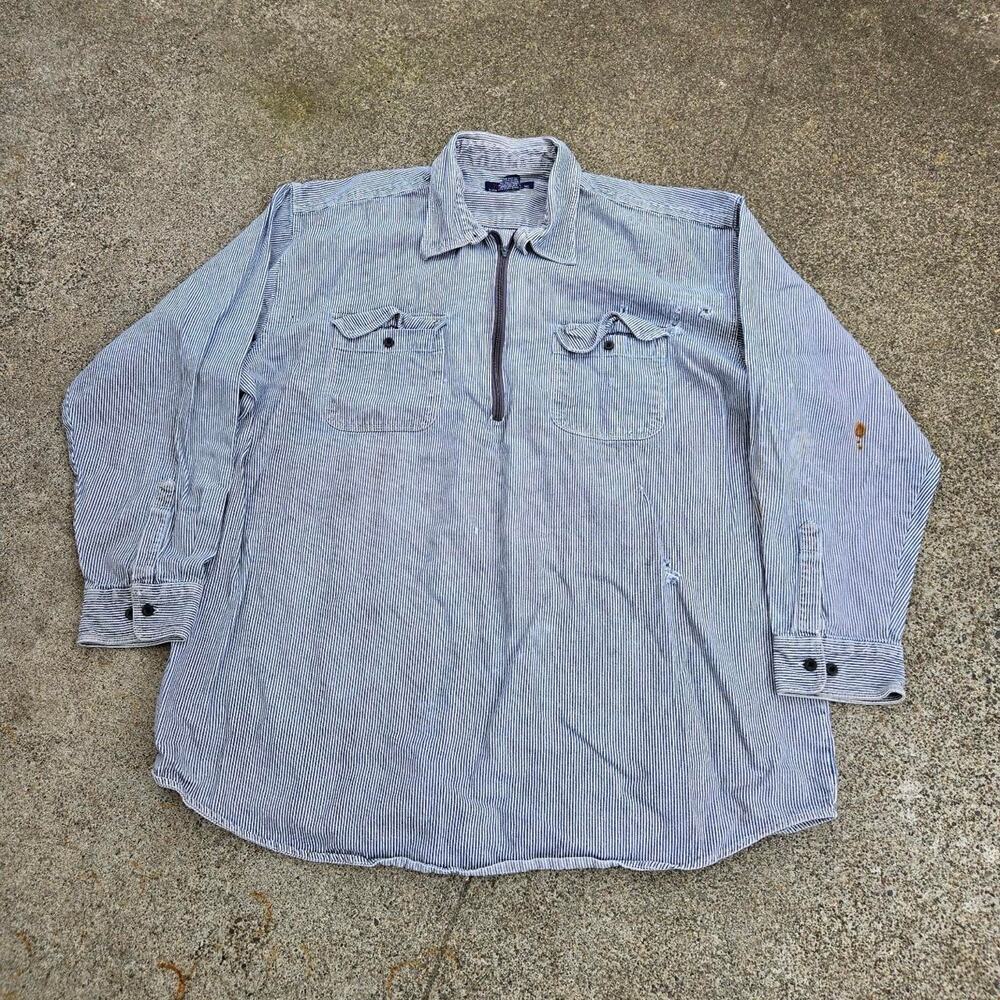 Vtg 90s FIVE BROTHER Hickory Stripe Distressed Workwear 1/4 Zip Shirt XXXL